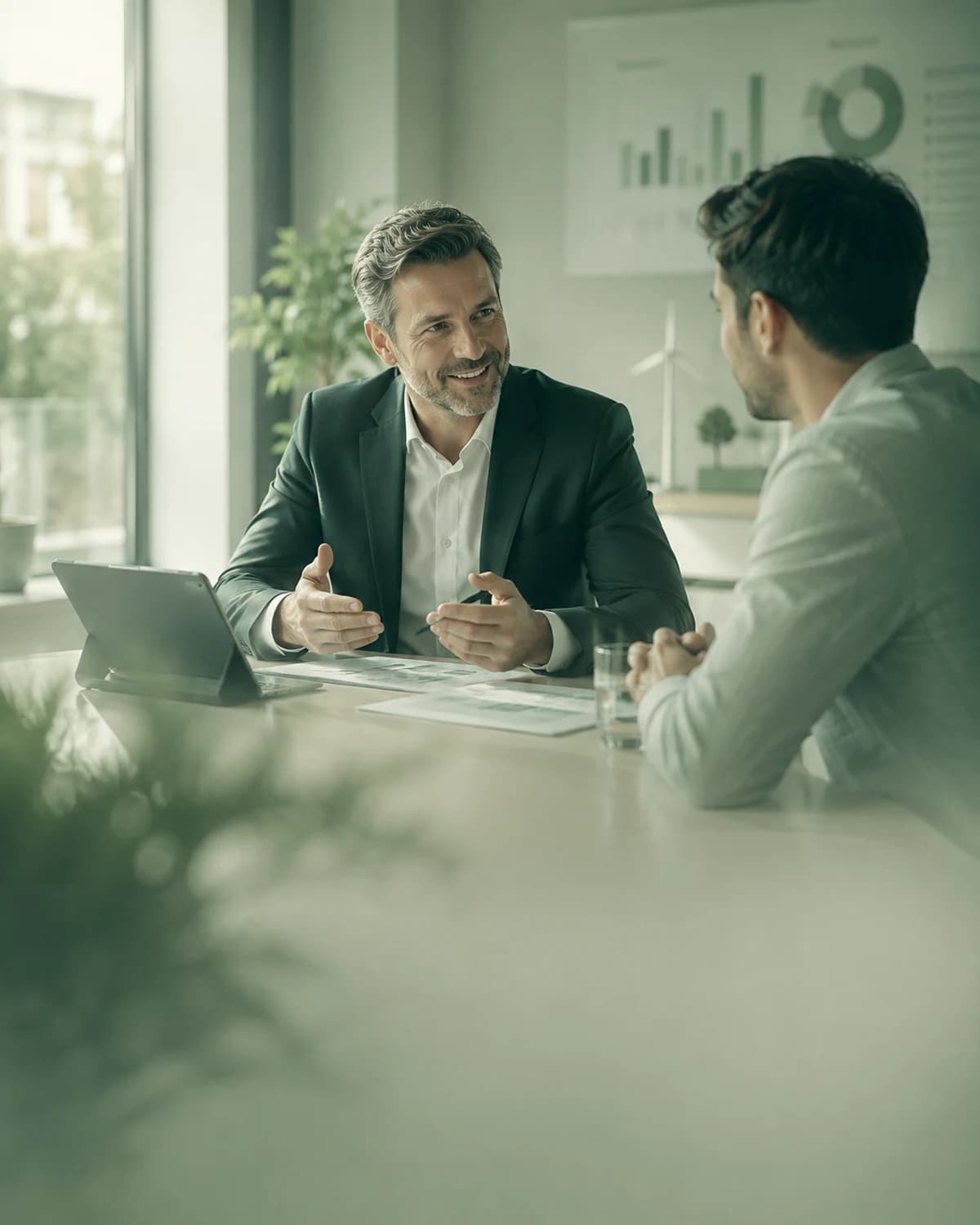 Zwei Personen im Beratungsgespräch an einem hellen Besprechungstisch