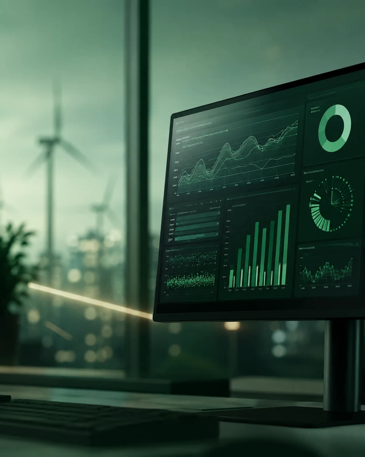 Bildschirm mit Auswertungen von Energieverbrauchsdaten in einem Büro