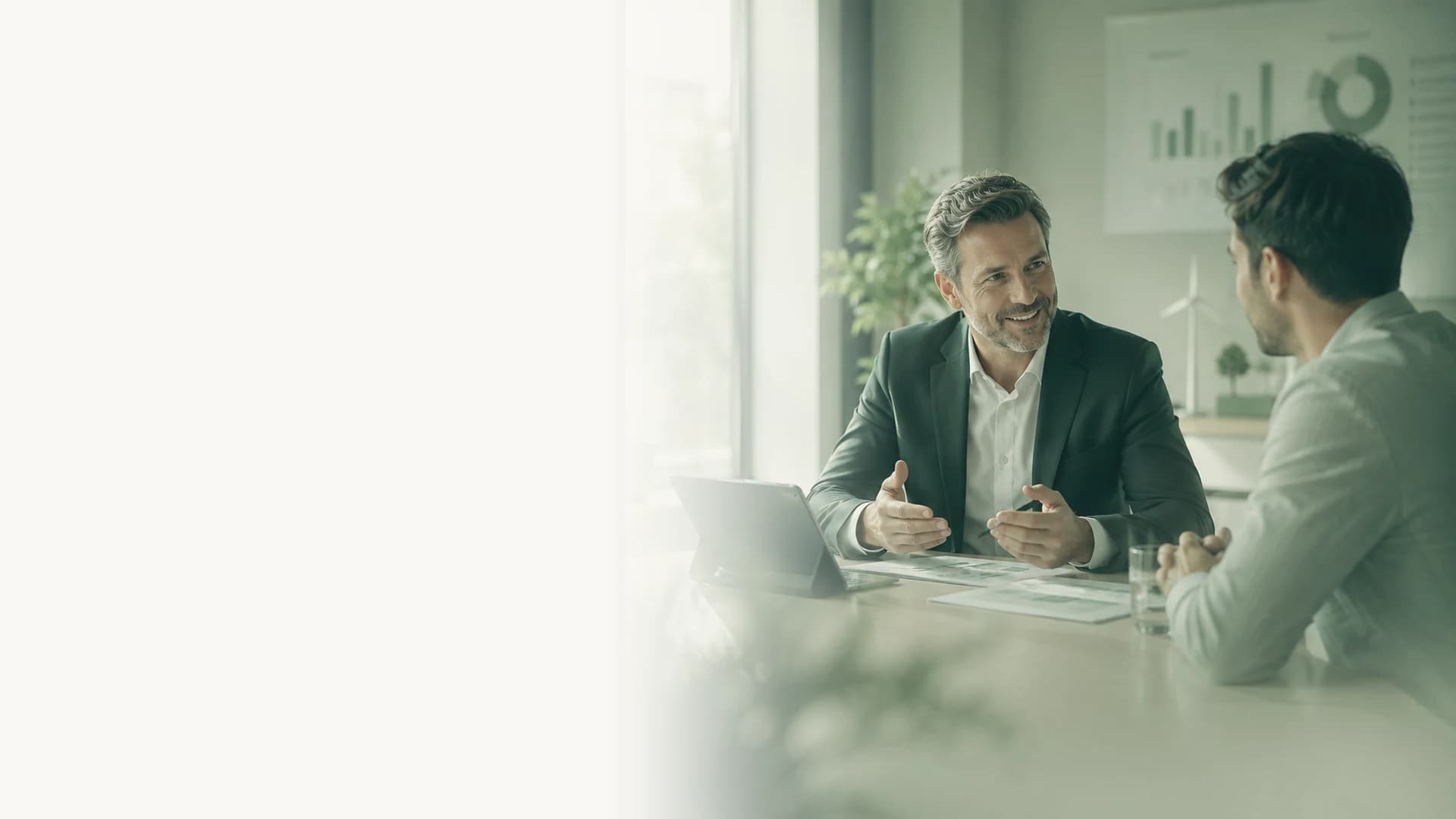 Beratungsgespräch an einem hellen Besprechungstisch mit Pflanzen im Hintergrund