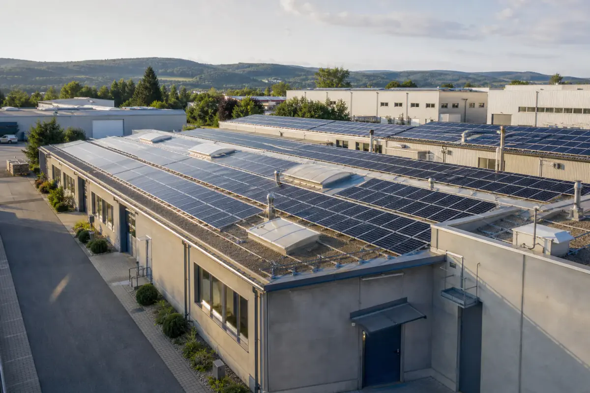 Gewerbegebäude mit großer Dachfläche als Beispiel für eine betriebliche Energielösung