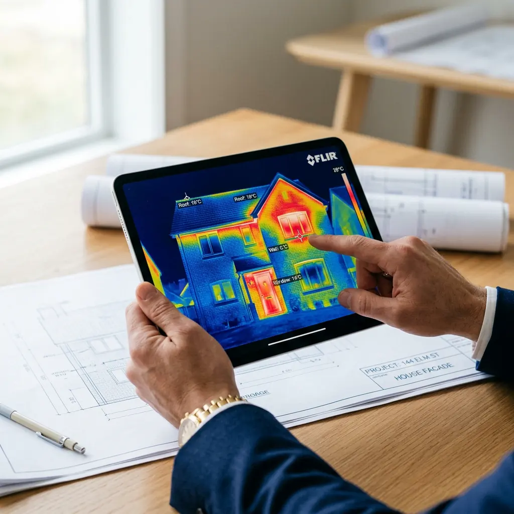 Tablet-Anzeige mit der Wärmebild-Thermografie eines Wohngebäudes bei einer Energieberatung